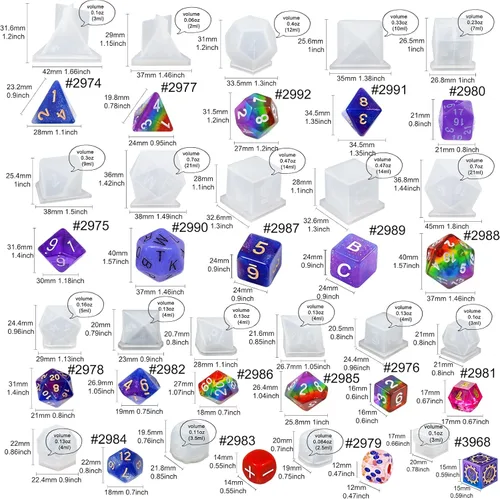 Vista 2 de FUNSHOWCASE Juego de moldes de dados de resina, juego de fundición de epoxi, número de letras, operación D4 D6 D8 D10 D12 D20 D24 20