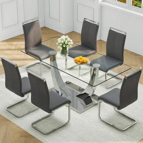 Vista 14 de Juego de Mesa de Comedor Negra para 6, Mesa de Comedor de Mármol Falso de 71" para 6, Juego de Mesa de Cocina Rectangular con Sillas de Cuero PU