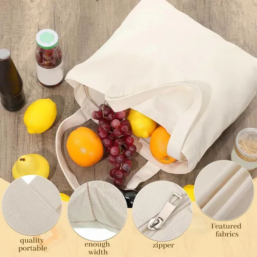 Vista 5 de Epakh Bolsa de mano con cremallera, reutilizable, grande, de lona de algodón en blanco, para compras, a granel, para mujeres, hombres, manualidades