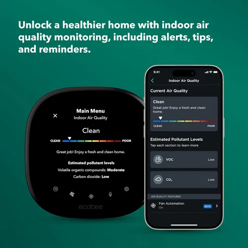 Vista 6 de ecobee Termostato inteligente prémium con sensor inteligente y monitor de calidad del aire, termostato Wifi programable, funciona con Siri, Alexa