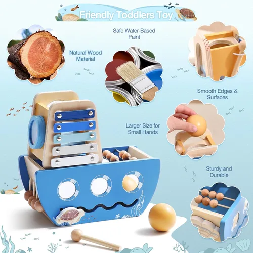 Vista 4 de let's make Cubo de actividades de madera 8 en 1, juguetes Montessori, incluye objeto permanente, caja de actividades de aprendizaje temprano