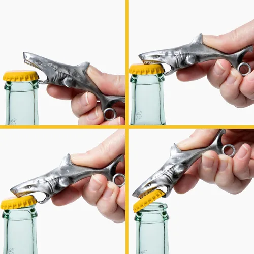 Vista 2 de Gran abridor de botellas de tiburón blanco, abridor de tapas de cerveza y soda resistente, herramienta única de bar con tema oceánico, divertido