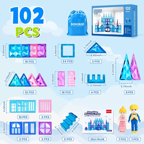 Vista 5 de BENOKER - 102 piezas de baldosas magnéticas para construir un castillo de hielo, bloques de construcción 3D STEM educativos