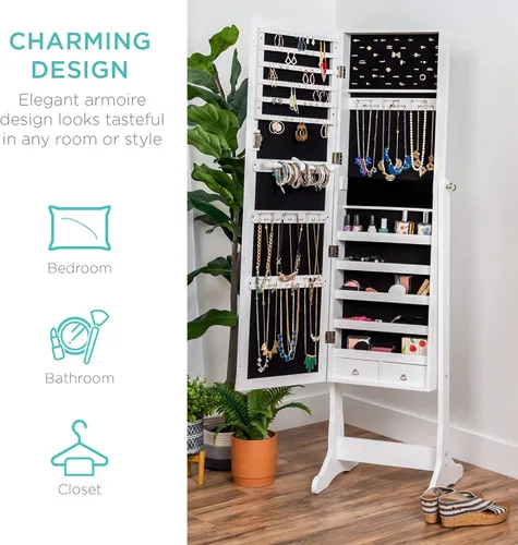 Vista 5 de Best Choice Products - Armario organizador vertical para guardar joyas con espejo y llave de 6 niveles, 6 luces LED interiores, 3 ajustes