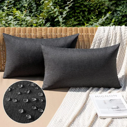 Vista 60 de MIULEE - Paquete de 2 fundas de almohada decorativas para exteriores, impermeables, sólidas, de imitación de lino, para jardín, casa de campo, Azul