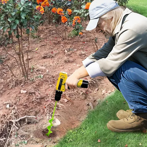 Vista 7 de Broca de taladro para plantar de 4 x 42 cm, broca en espiral de jardín, broca pesada para bulbos, excavadora de agujeros de poste para taladro