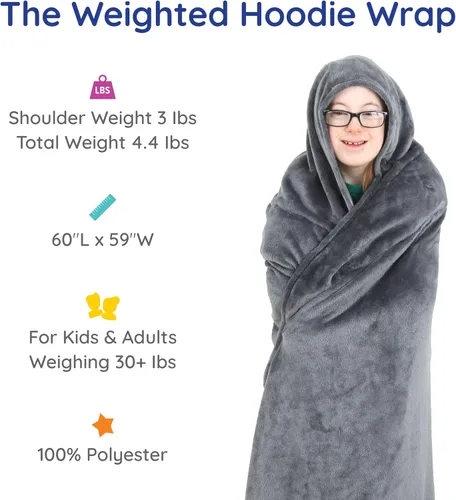 Vista 5 de Fun and Function - Manta con capucha con peso - Jóvenes y adultos - Puede ayudar a mejorar la concentración - 60 pulgadas de largo x 59 pulgadas