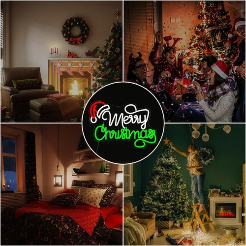 Vista 7 de Letrero de Neón Feliz Navidad Letreros LED de Navidad para Decoración de Pared Regulable Luz de Neón de Gorro de Santa para Fiesta Dormitorio