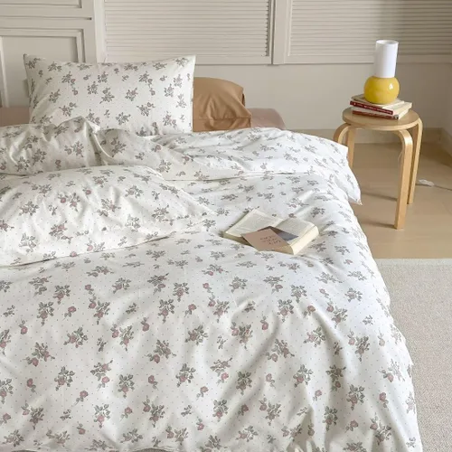 Vista 11 de MKXI Juego de ropa de cama con diseño de corbata de moño linda y rayas de flores rosas, tamaño individual, de algodón - Funda de edredón