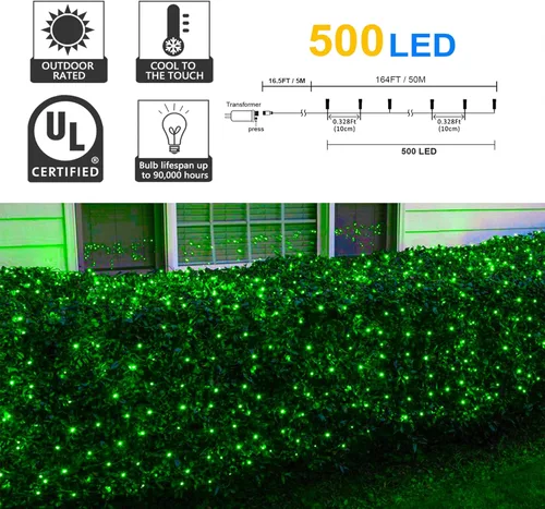 Vista 2 de 500 luces LED verdes de Navidad de 164 pies, impermeables, 8 parpadeos con funciones de memoria, tira de luces verdes para interiores y exteriores