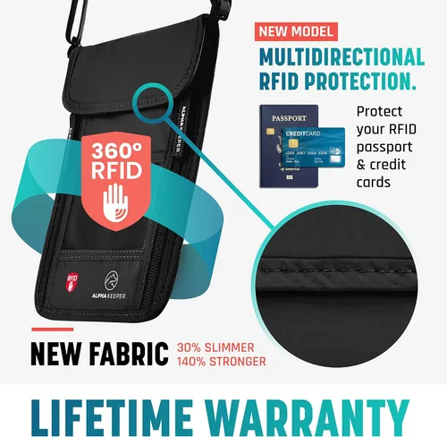 Vista 2 de Cartera de viaje para el cuello con bloqueo RFID para pasaporte para hombres y mujeres, bolsa de viaje súper delgada para proteger tus papeles