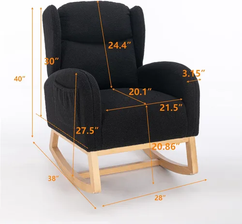 Vista 2 de Mecedora de peluche para guardería, silla mecedora tapizada con bolsillo, silla moderna con respaldo de ala, cómoda silla de lectura con patas