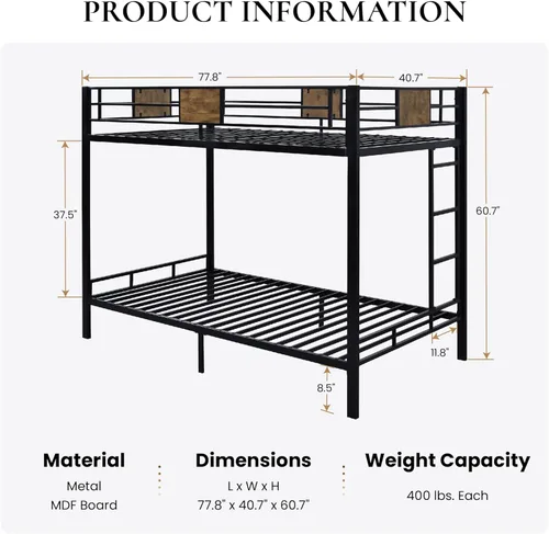 Vista 2 de SHA CERLIN Loft Bunk Bed Twin Over Twin Size with Ladder and Guardrail,Rustic Design,Metal Slats Support No Box Spring Needed Small Space Saving
