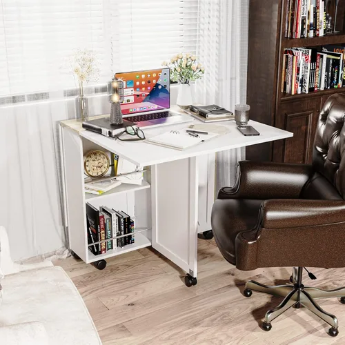 Vista 4 de 3imothrix Mesa de comedor plegable, mesa de comedor con cajón y almacenamiento y estantes, mesa de comedor que ahorra espacio con 6 ruedas, mesa