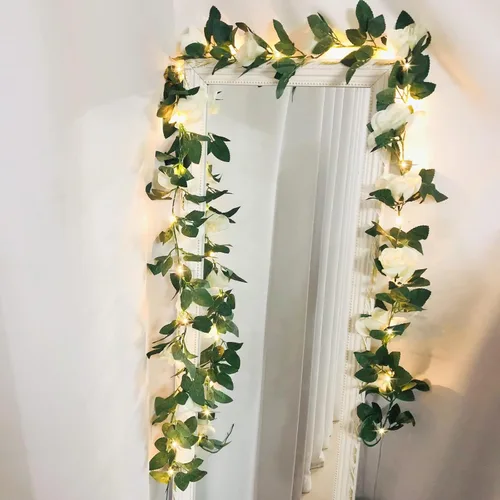 Vista 13 de Guirnalda de luces artificiales de vid de rosas de 7.5 pies, funciona con pilas, guirnalda de rosas para San Valentín, boda, dormitorio, fiesta