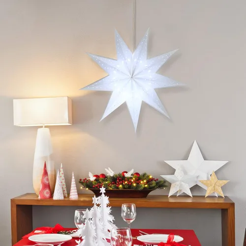 Vista 6 de Kingdder Faroles de estrella de papel de Navidad de 20 pulgadas con pantalla de lámpara de estrella con luz LED blanca de 9 puntas, estrellas
