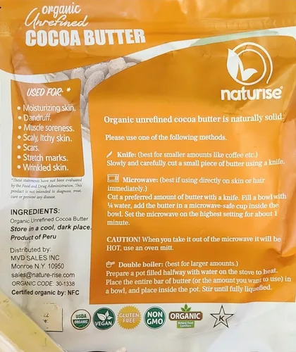 Vista 3 de Naturise Manteca de cacao sin refinar orgánica cruda de Perú - Hidratante para cabello, piel y bálsamo labial DIY - 1 libra