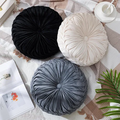 Vista 12 de 1 Pieza Cojines Redondos Decorativos de Terciopelo Plisado Cojines 15'' de Diámetro Acento Calabaza Boho Cojín de Silla para Sofá Silla Cama blanco