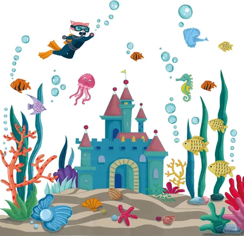 Vista 7 de Calcomanías de pared de peces marinos 3D bajo el mar, castillo, calcomanías de pared removibles de algas marinas, corales de medusas de burbujas