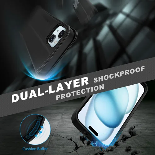 Vista 7 de SHIELDON Funda para iPhone 15 2023, funda de piel auténtica desmontable tipo cartera con función atril, bloqueo RFID, ranuras para tarjetas