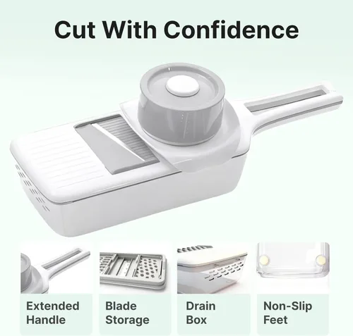 Vista 5 de ZKIRON Cortador de mandolina para cocina con caja de drenaje, rebanador de verduras de mano 6 en 1 para preparación de ensaladas, cortador de pepino