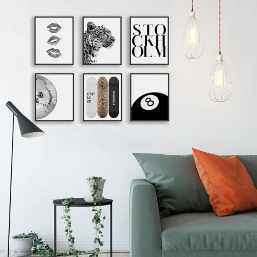 Vista 7 de 6 pósteres de lienzo blanco y negro para pared, diseño de bola de discoteca de guepardo de la suerte de 8 bolas, diseño de leopardo funky