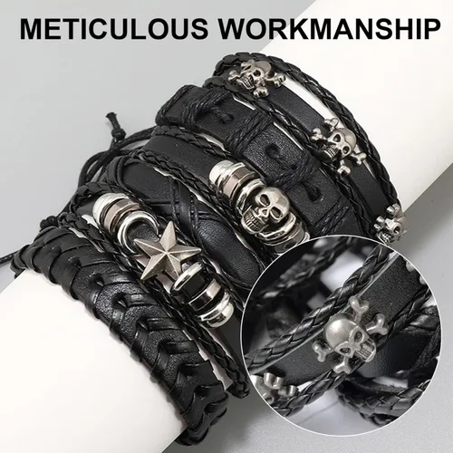 Vista 2 de Black Leather Bracelet, 6Pcs/Set Adjustable Braided Soft Elastic Goth Bracelets, Rock Punk Halloween Skull Bracelet for Men Women