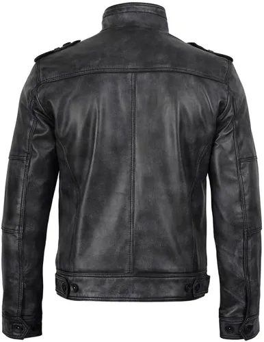 Vista 4 de Decrum Chaqueta de cuero real para hombre - Chaquetas de cuero casuales estilo Cafe Racer para hombres