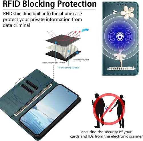 Vista 4 de Wallet Case for Motorola Moto E22 4G / E22i 4G,Glitter Pearl Flower Ballerina Flip Case Card Slots Stand RFID Blocking PU Leather Magnetic