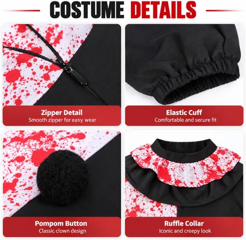 Vista 3 de 5Pcs Art Clown Costume Adults Terrifying Mask Halloween Outfit Red