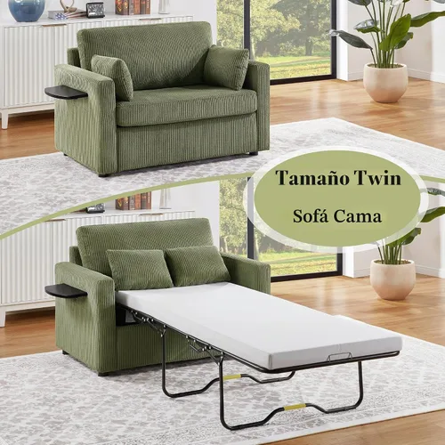 Vista 6 de P PURLOVE Sofá cama cama de 47.2 pulgadas de largo, sofá cama extraíble 2 en 1 con colchón, una mesa auxiliar plegable, sofá biplaza para sala