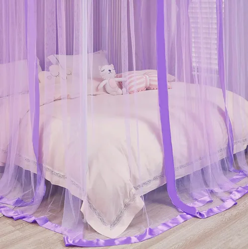 Vista 5 de Mengersi Cortinas de cama con dosel tamaño Queen – Cortinas de dosel de cama – Toldo de 4 aperturas para cama – Lindo regalo de decoración de Morado