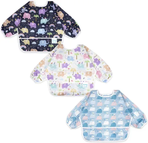 Vista 14 de Juego de baberos de manga larga de 3 piezas, baberos impermeables para bebés con bolsillo, babero para niños pequeños con mangas, bata resistente a