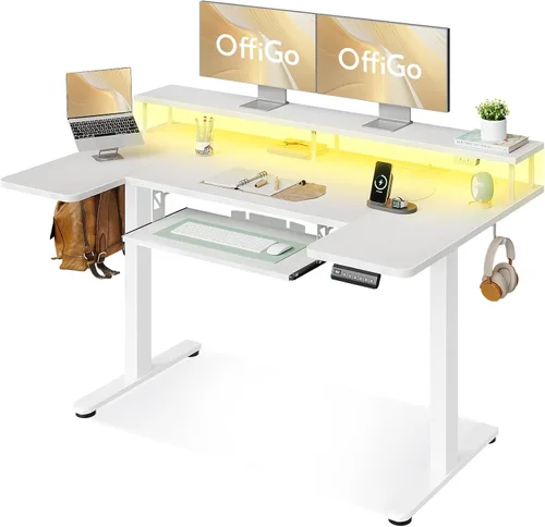 Vista 9 de OffiGo Escritorio Eléctrico de Pie en Forma de U con Bandeja para Teclado, Escritorio Ajustable en Altura de 55 Pulgadas con Tomas de Corriente