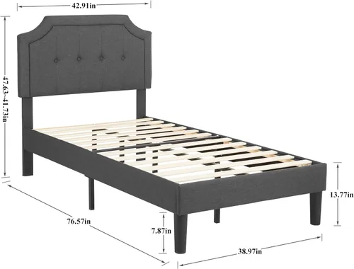 Vista 2 de VECELO Base de cama tapizada con cabecera ajustable, soporte de listones de madera, no necesita somier, estilo moderno, tamaño individual