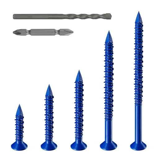Vista 6 de Wensilon 49 piezas) Kit de ancla de tornillo para hormigón de 1/4" con cabeza plana azul para anclar a mampostería, bloque o ladrillo estuco