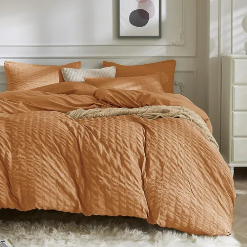 Vista 20 de JELLYMONI Funda de Edredón Color Caqui Tamaño King, Juego de Ropa de Cama de Microfibra Lavada de 3 Piezas, Juego de Funda de Edredón de Seersucker