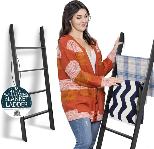 Vista 3 de Escalera para mantas para sala de estar y dormitorio, 4 pies de 4 niveles que se apoya en la pared, construcción laminada sin enganches (negro)