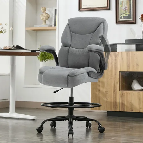 Vista 11 de 500LBS Drafting Chair, High Back Safer Standing Desk Chair, Executive Tall Office Chair with Flip-up Armrests, Upholstered Fabric Task Chair