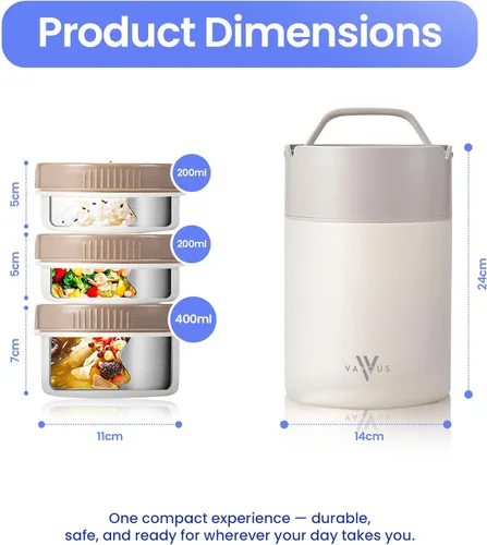 Vista 3 de Tarro de alimentos aislado de 60 onzas con tapa para teléfono, lonchera de acero inoxidable con 3 compartimentos, a prueba de fugas, Bento térmico