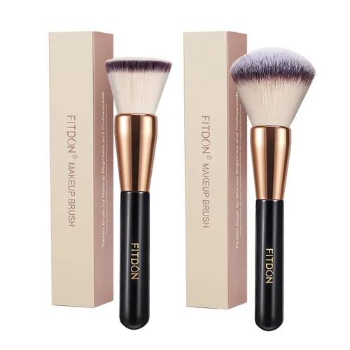FITDON Brocha para base y polvo, 2 brochas profesionales de maquillaje Kabuki con parte superior plana para líquido, crema y polvo