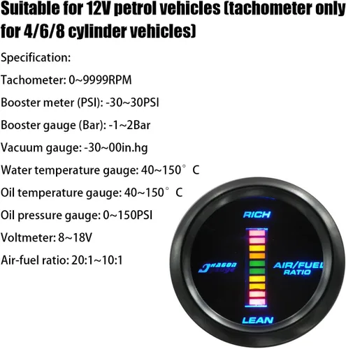 Vista 3 de AUCELI - Medidor de relación aire/combustible digital para coche, kit de medidor universal, 2" 52mm y pantalla LED azul