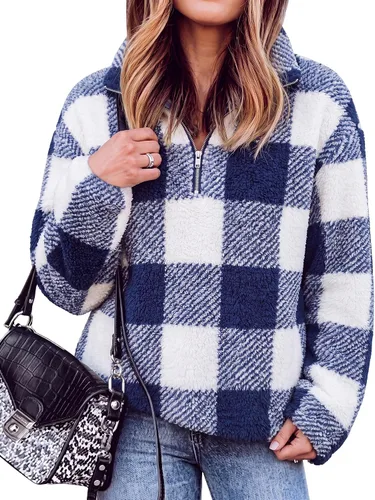 Vista 11 de BTFBM - Suéter sin botones de sherpa con capucha para mujer, con 1/4 de cremallera y manga larga, suave y mullida, de vellón Azul
