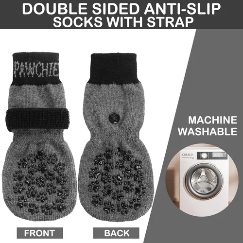 Vista 4 de PAWCHIE Calcetines antideslizantes para perros para suelo de madera dura con correa para interiores, protector de patas de punto, control de tracción