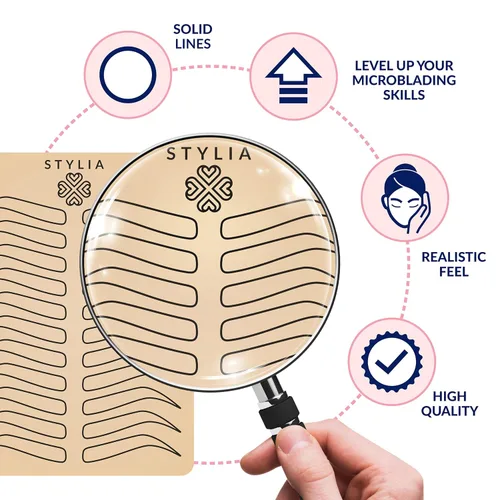 Vista 3 de Stylia Microblading Practice - Hoja de piel falsa para tatuaje de cejas, piel falsa para tatuaje, maquillaje de cejas de micro cuchillas, kit