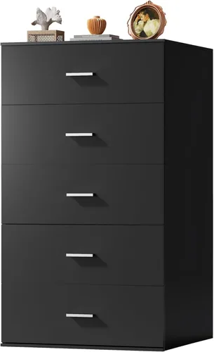 WLIVE - Cómoda alta para dormitorio, cómoda de madera con cajones con tiradores metálicos, cómoda de dormitorio negra con 5 cajones, organizador