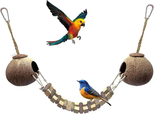Vista 8 de Bird Hides - Nido de coco con escalera de madera, jaula de hámster sirio colgando de cáscara de coco natural, juguete con puente de madera, juguetes