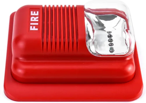 Vista 8 de QWORK Alarma de incendios, 12 / 24 V CC con cable de sonido y luz de alarma de incendios de advertencia estroboscópica de sirena, sensor de sistema