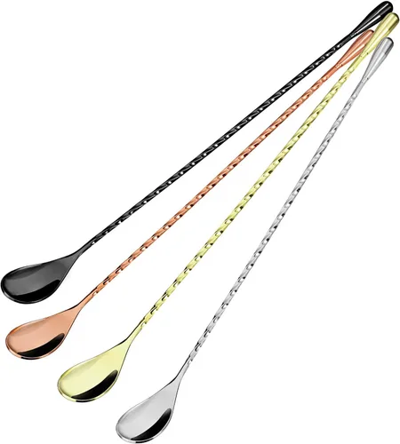 Vista 11 de Boao 4 cucharas de cóctel, cucharas agitadoras, mango largo, acero inoxidable, patrón en espiral, herramienta mezcladora de cóctel, 12 pulgadas