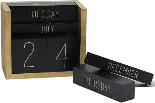 Vista 3 de Juegoal Calendario perpetuo de madera, bloque de madera, calendario diario, accesorios de escritorio de oficina (negro)